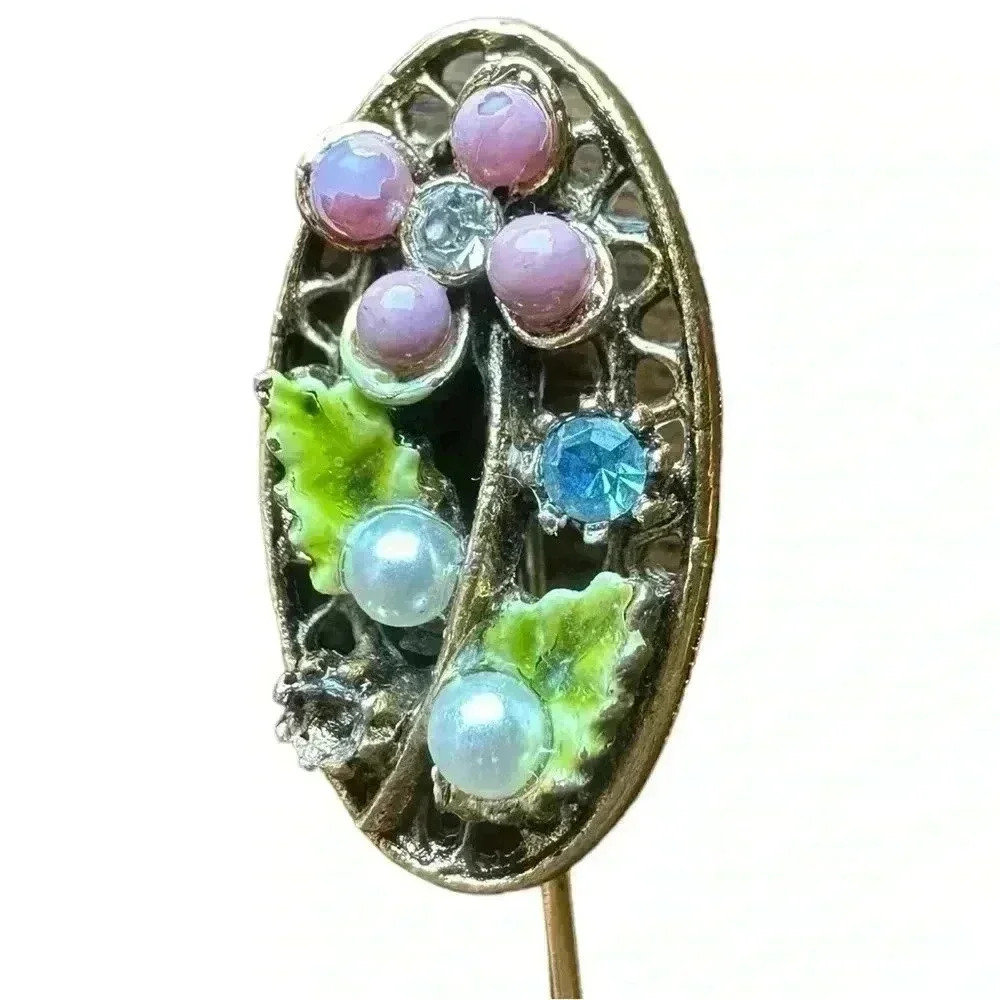 Vintage signed art stick Multicolored Floral Rhinestone
